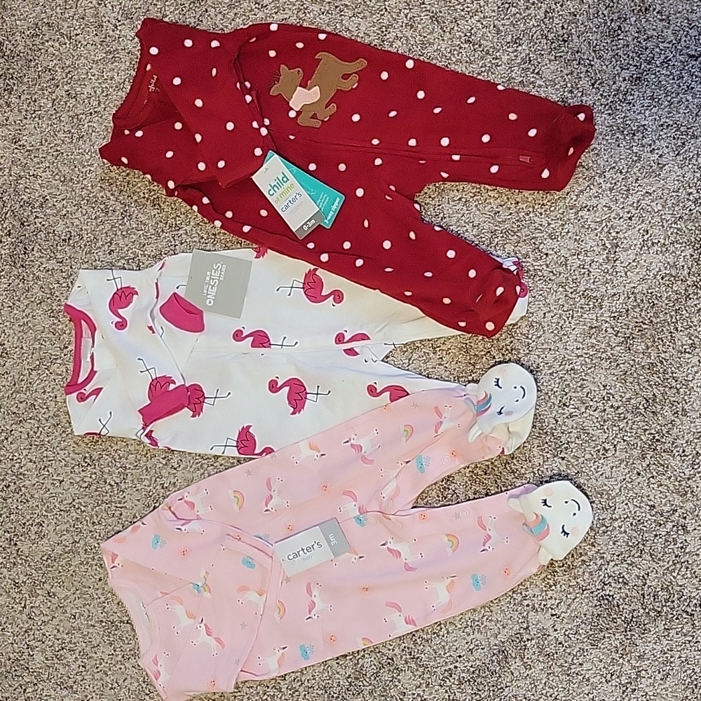 (3) 0-3 Month Baby Girl Sleepers
